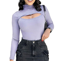 Women’s Purple Mock Neck Cutout Long Sleeve Top – Slim Fit Going Out - Gloss & Grit