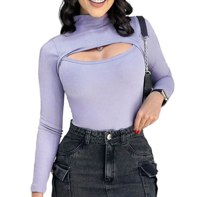 Women’s Purple Mock Neck Cutout Long Sleeve Top – Slim Fit Going Out - Gloss & Grit
