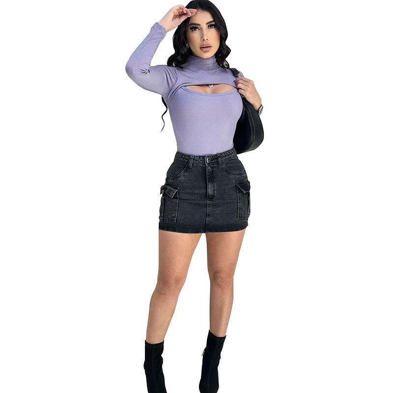 Women’s Purple Mock Neck Cutout Long Sleeve Top – Slim Fit Going Out - Gloss & Grit