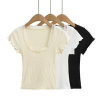 Women’s Ribbed Lace‑Trim Top Scoop Neck Soft Knit Slim Fit - Gloss & Grit