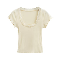 Women’s Ribbed Lace‑Trim Top Scoop Neck Soft Knit Slim Fit - Gloss & Grit