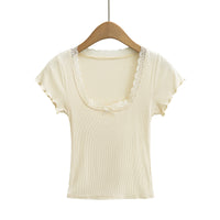 Women’s Ribbed Lace‑Trim Top Scoop Neck Soft Knit Slim Fit - Gloss & Grit
