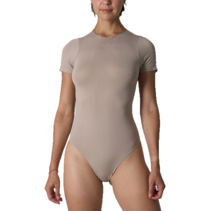 Women’s Seamless High Waist Yoga Bodysuit – Short Sleeve Skims Dupe Jumpsuit - Gloss & Grit