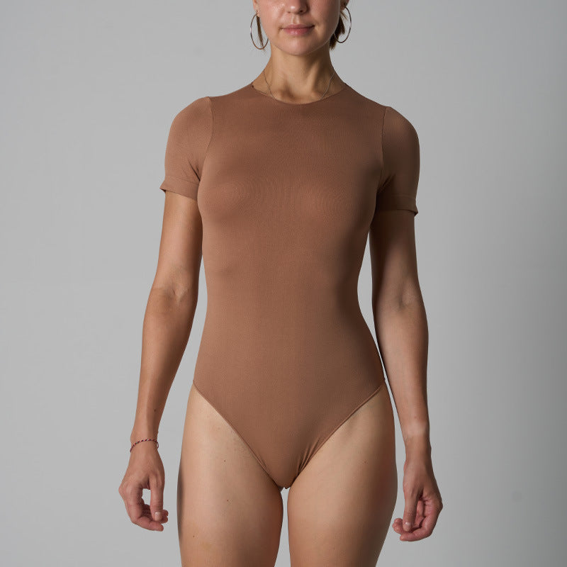 Women’s Seamless High Waist Yoga Bodysuit – Short Sleeve Skims Dupe Jumpsuit - Gloss & Grit