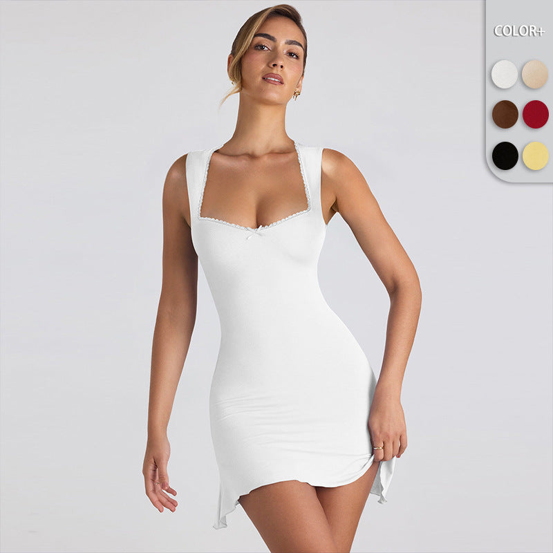 Women’s Square Neck Lace Mini Dress – Bodycon Fit, Date Night - Gloss & Grit