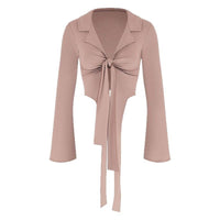 Women’s Tie-Front Collared Long Sleeve Top – Y2K Slim Fit Going Out - Gloss & Grit