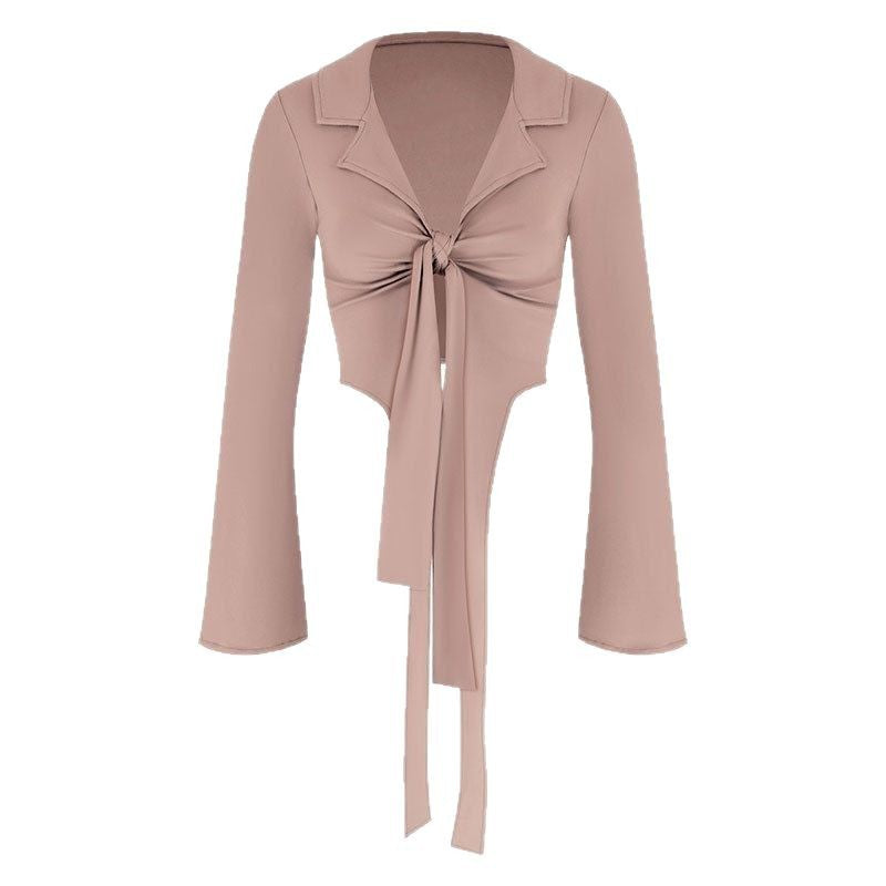 Women’s Tie-Front Collared Long Sleeve Top – Y2K Slim Fit Going Out - Gloss & Grit