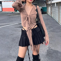 Women’s Tie-Front Collared Long Sleeve Top – Y2K Slim Fit Going Out - Gloss & Grit