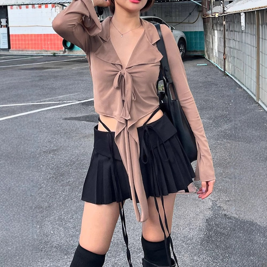 Women’s Tie-Front Collared Long Sleeve Top – Y2K Slim Fit Going Out - Gloss & Grit