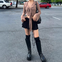 Women’s Tie-Front Collared Long Sleeve Top – Y2K Slim Fit Going Out - Gloss & Grit