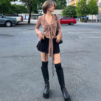 Women’s Tie-Front Collared Long Sleeve Top – Y2K Slim Fit Going Out - Gloss & Grit