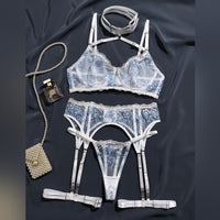Women’s White and Blue Embroidered Lingerie Set – Adjustable Halter - Gloss & Grit