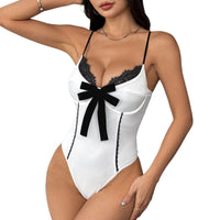 Women’s White Lace Bodysuit – Deep V Romper with Black Bow Trim - Gloss & Grit