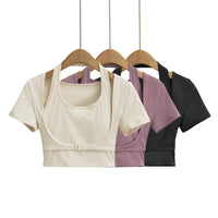 Women's Workout Halter Crop Top - Short Sleeve Slim Fit - Gloss & Grit