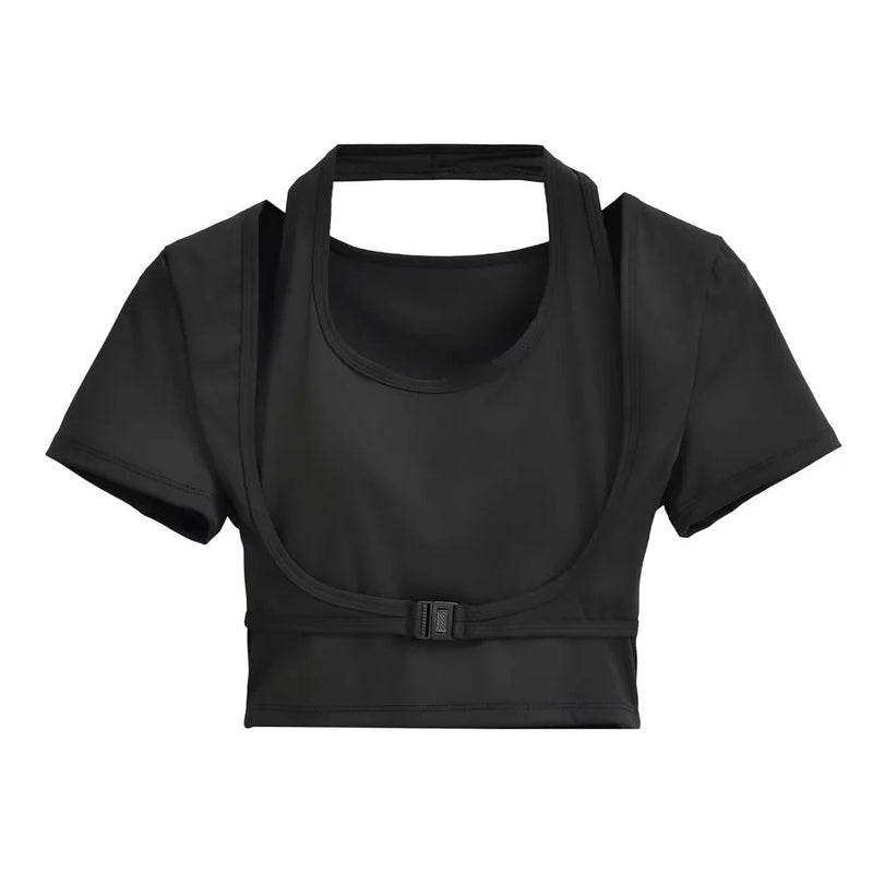 Women's Workout Halter Crop Top - Short Sleeve Slim Fit - Gloss & Grit