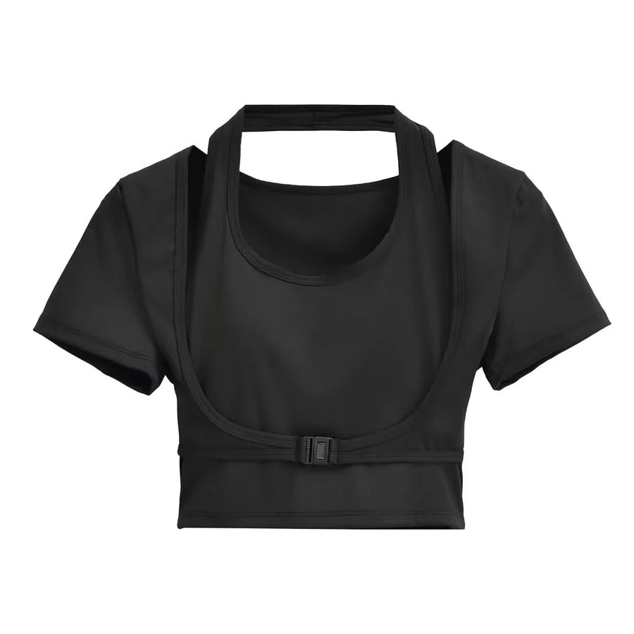 Women's Workout Halter Crop Top - Short Sleeve Slim Fit - Gloss & Grit