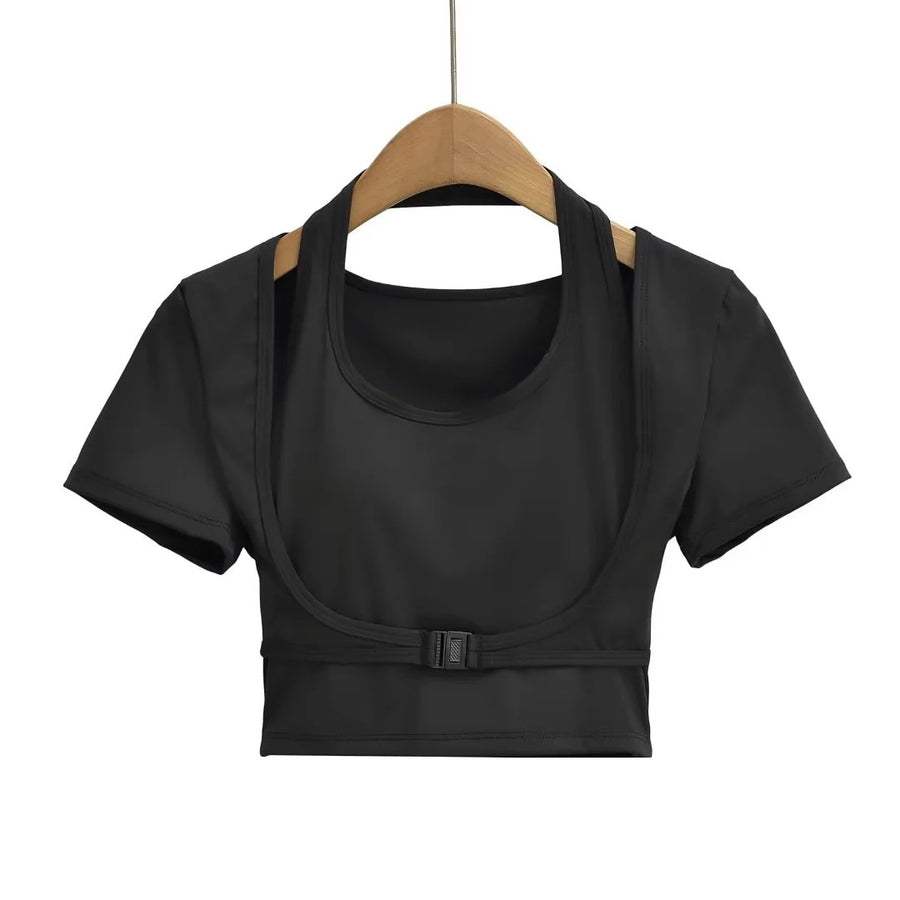 Women's Workout Halter Crop Top - Short Sleeve Slim Fit - Gloss & Grit