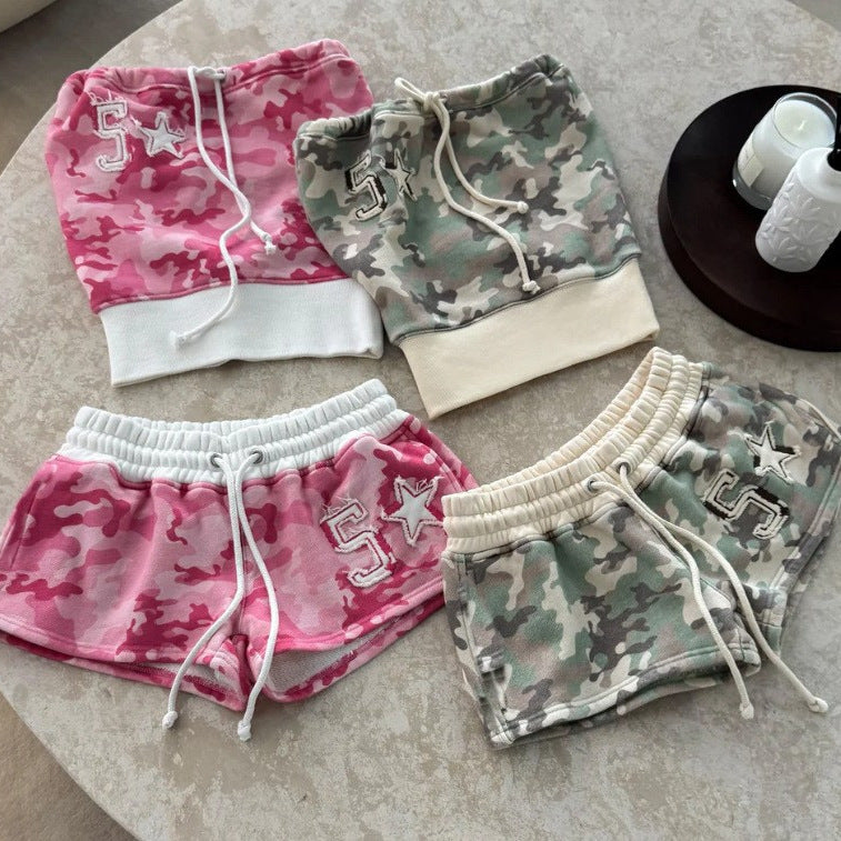 Women’s Y2K Camo Tube Top and Shorts Set – Retro 2 Piece Outfit - Gloss & Grit