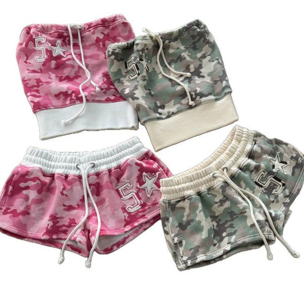 Women’s Y2K Camo Tube Top and Shorts Set – Retro 2 Piece Outfit - Gloss & Grit