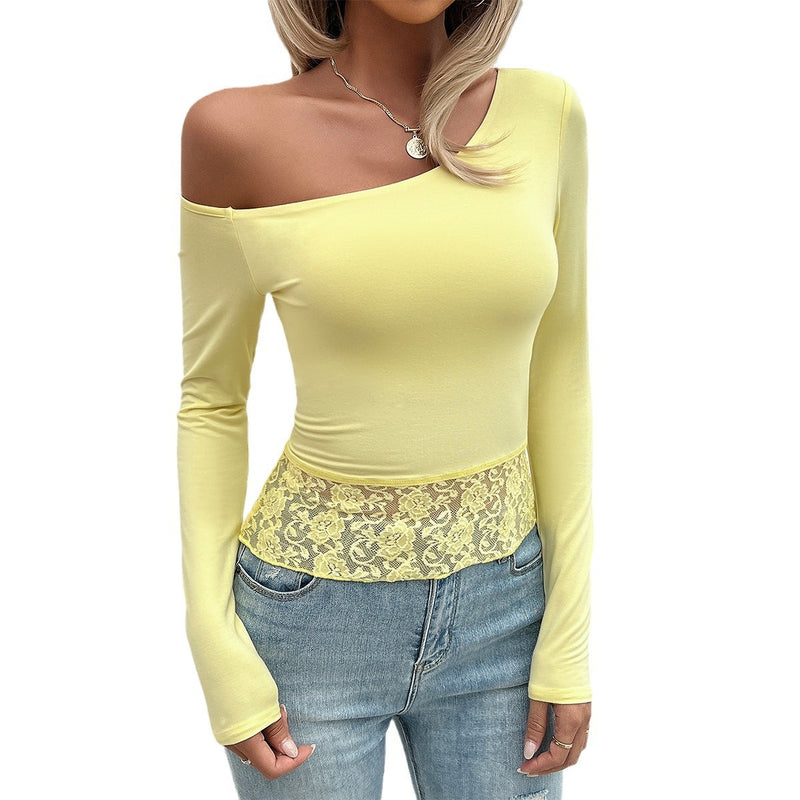 Women’s Y2K Lace Slim-Fit Off Shoulder Long Sleeve Top – Knit Base Layer - Gloss & Grit