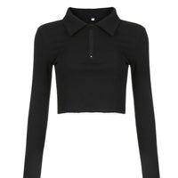 Women’s Zip Polo Collar Long Sleeve Crop Top – Y2K Slim Fit Layering Top - Gloss & Grit