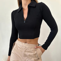 Women’s Zip Polo Collar Long Sleeve Crop Top – Y2K Slim Fit Layering Top - Gloss & Grit