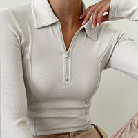 Women’s Zip Polo Collar Long Sleeve Crop Top – Y2K Slim Fit Layering Top - Gloss & Grit