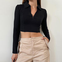 Women’s Zip Polo Collar Long Sleeve Crop Top – Y2K Slim Fit Layering Top - Gloss & Grit