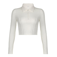 Women’s Zip Polo Collar Long Sleeve Crop Top – Y2K Slim Fit Layering Top - Gloss & Grit