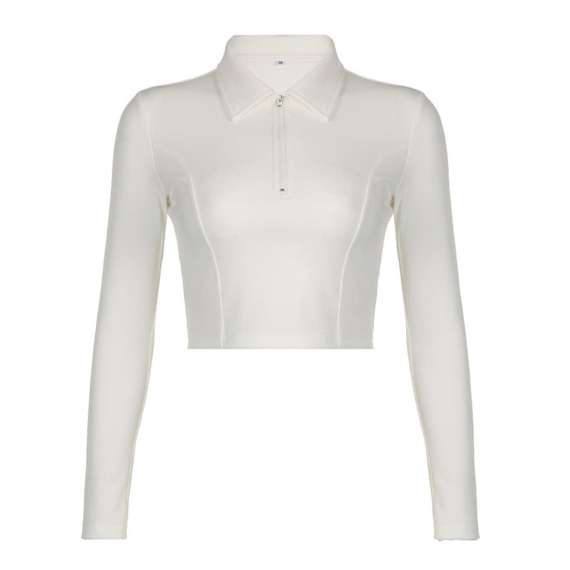Women’s Zip Polo Collar Long Sleeve Crop Top – Y2K Slim Fit Layering Top - Gloss & Grit