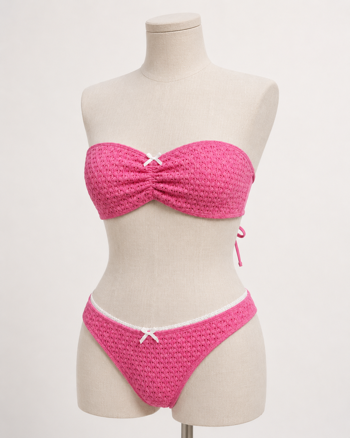 Strapless Pink Bow Lace Trim Bikini Set