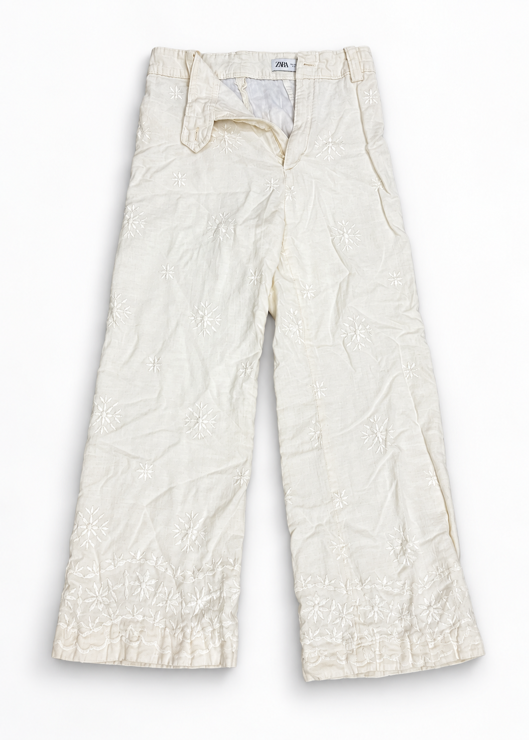 Cream Zara embroidered pants with open front closure