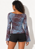 Zaria Printed Boat Neck Top, blue back view styled with black shorts