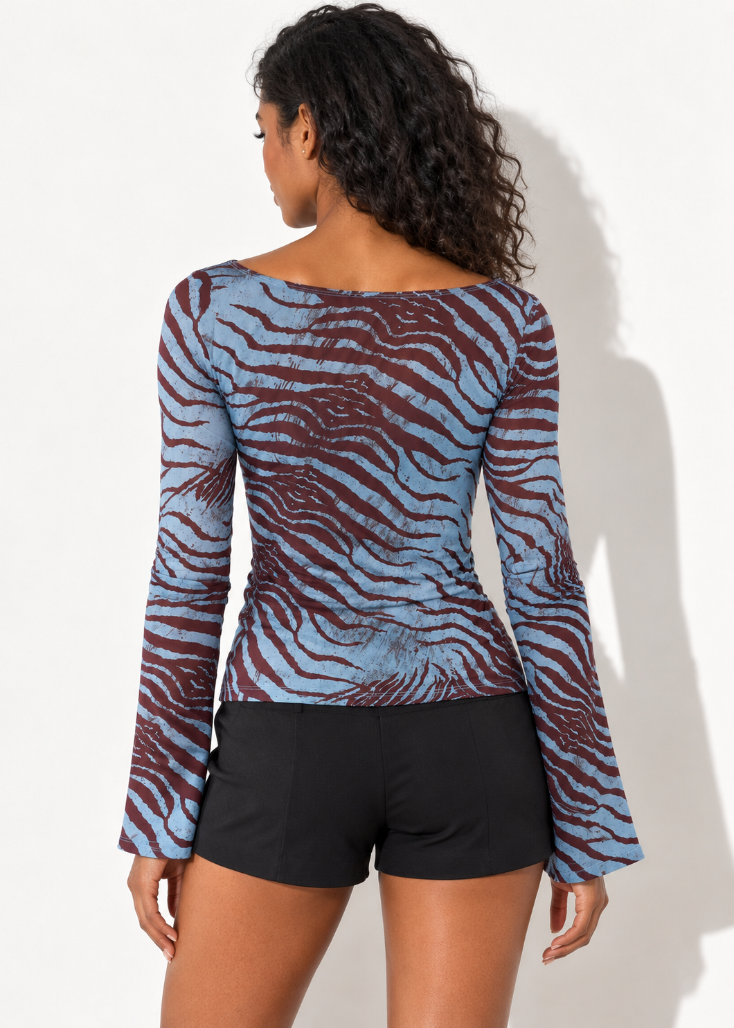 Zaria Printed Boat Neck Top, blue back view styled with black shorts