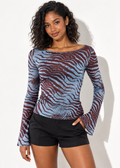 Zaria Printed Boat Neck Top, blue front view styled with black shorts