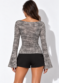 Zaria Printed Boat Neck Top, gray back brunette view styled with black shorts